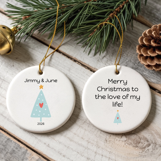 Christmas Tree Minimalist Art Round Ceramic Couple Ornament