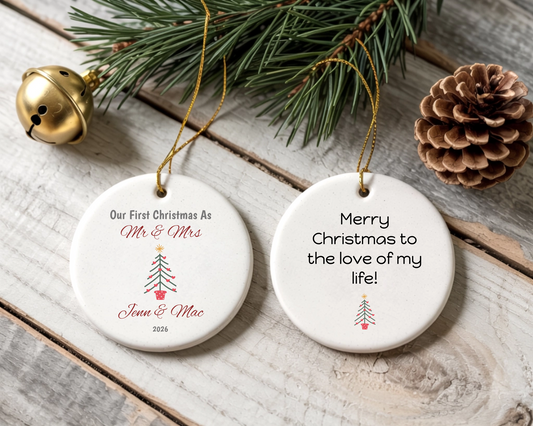 Christmas Tree Art Round Ceramic Couple Ornament