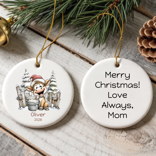 Cute Cow Personalized Round Ceramic Ornament