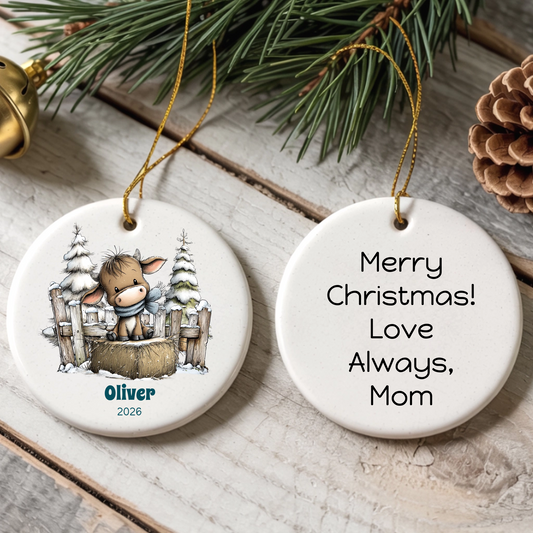 Cute Cow Personalized Round Ceramic Ornament