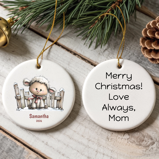Cute Lamb Personalized Round Ceramic Ornament