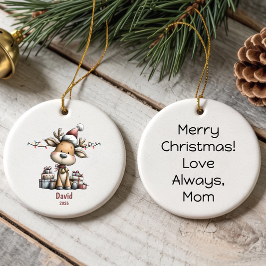 Cute Reindeer Personalized Round Ceramic Ornament