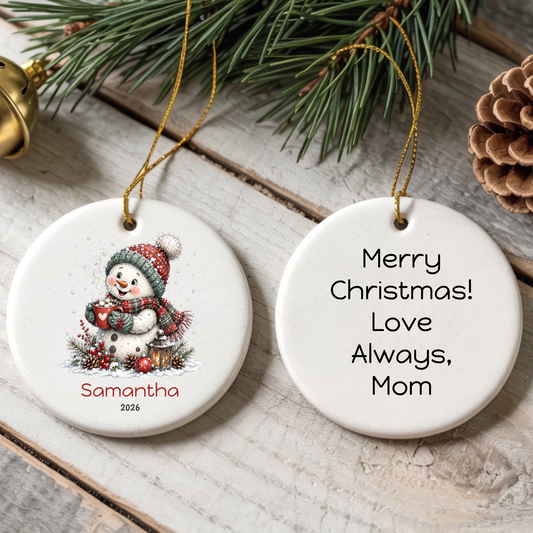 Snowperson Personalized Round Ceramic Ornament