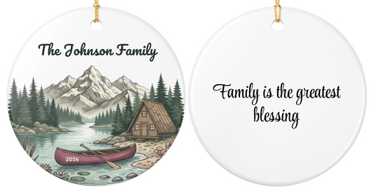 Mountain Cabin Personalized Round Ceramic Ornament | Keepsake Gift for Couples, Friends, Family (Copy)