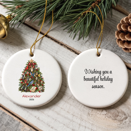 Bird Watching Christmas Tree Personalized Ceramic Ornament