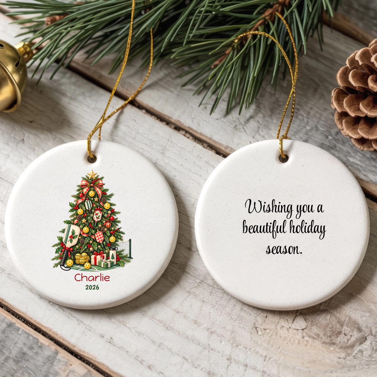 Pickleball Themed Christmas Tree Personalized Ceramic Ornament