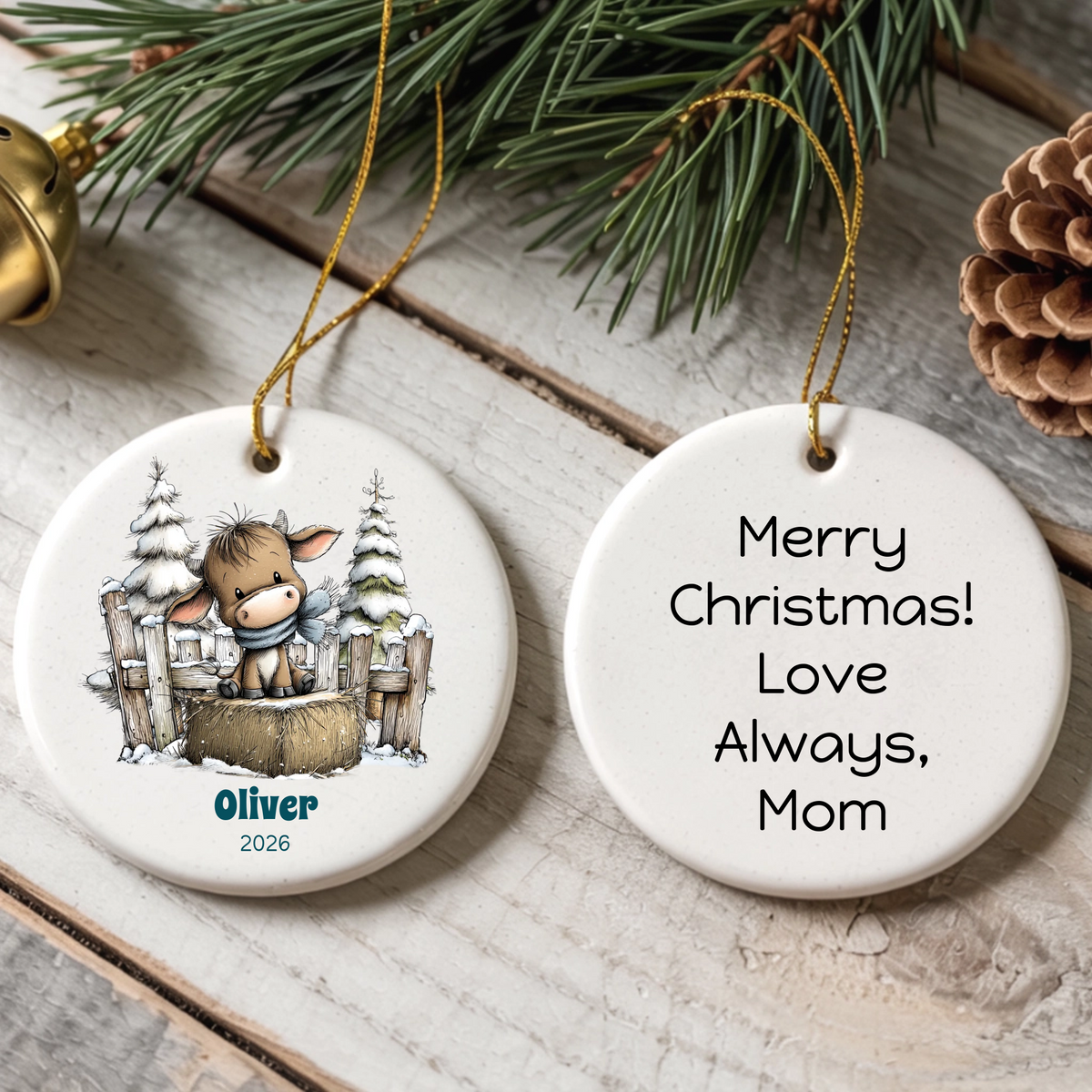 Cute Cow Personalized  Round Ceramic Ornament
