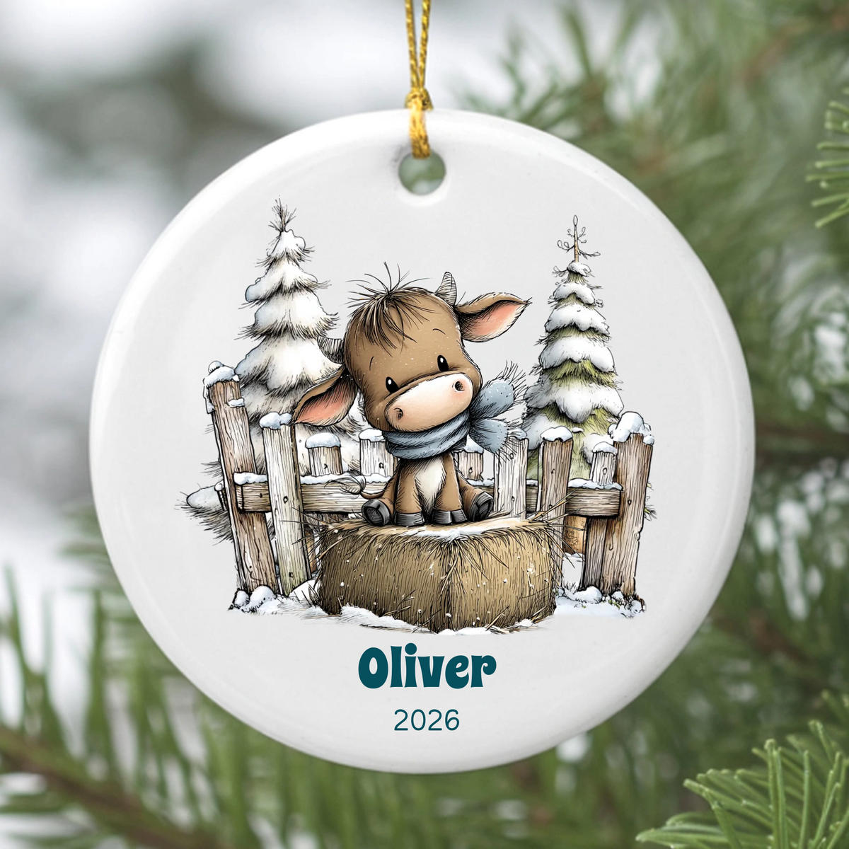 Cute Cow Personalized  Round Ceramic Ornament